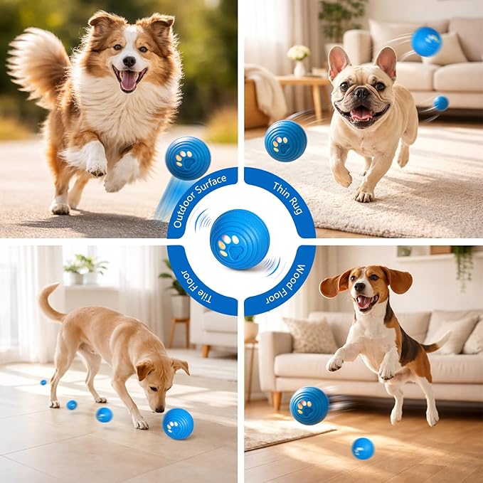 Interactive Dog Ball, Automatic Dog Toy, Vibrating Dog Ball with 4 Play Modes, Moving & Bouncing Ball for Dogs, Smart Self Rolling Dog Toy for Small Medium Dogs, USB-C Rechargeable, Blue