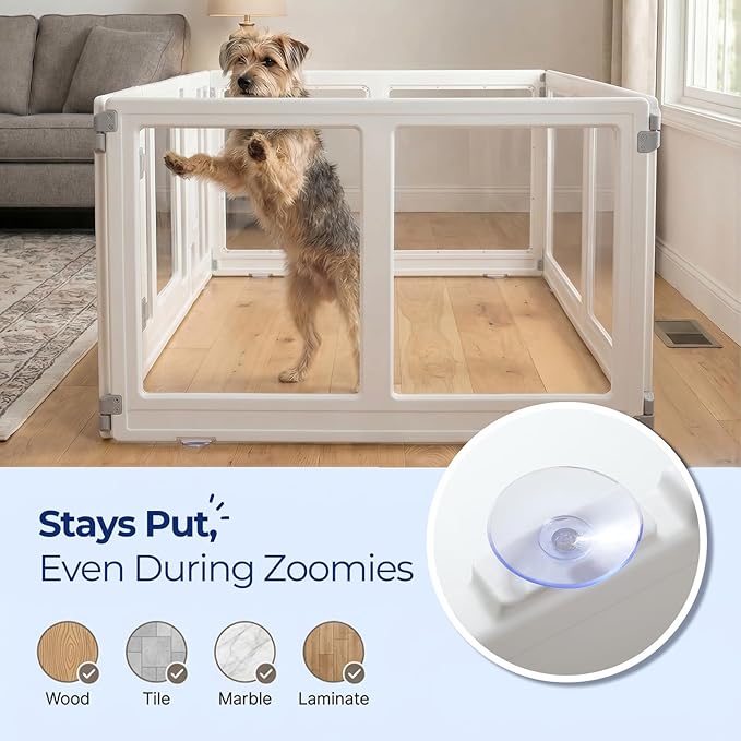 Clear Acrylic Dog Playpen with Door, Transparent Puppy Playpen for Small and Medium Puppies, Easy Assemble Pet Fence Indoor with Safety Lock (White, 35 x 35 x 22.4 Inch)