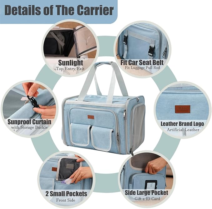 Cats Carrier for Small Dogs Puppy Cat Bag Expandable,Airline Approved,2 Sides Expand,Rabbit Bunny Pets Carriers Small Animals Travel Outdoor Carry Kennel (Blue)