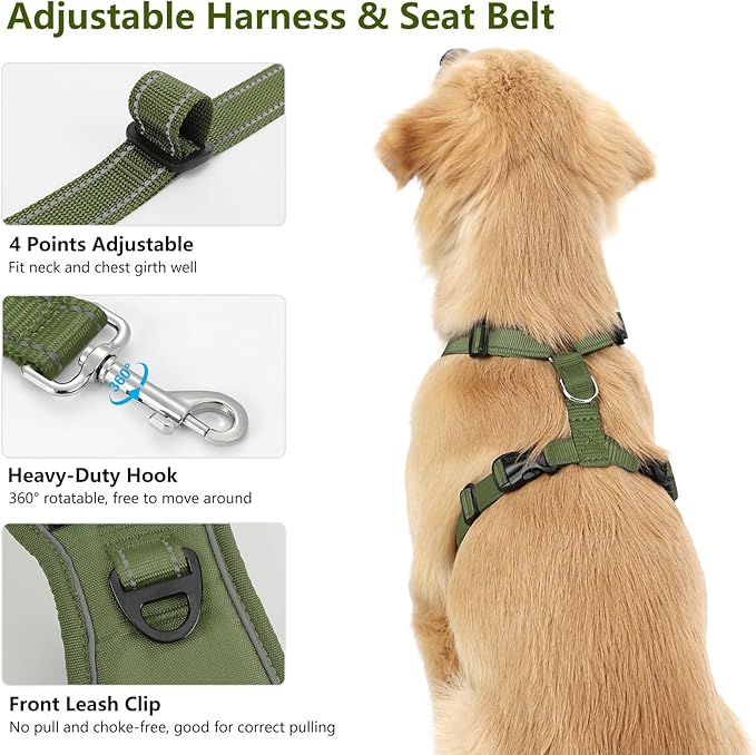 VavoPaw Dog Seat Belt Harness for Car, Dog Car Harness Adjustable Mesh Breathable & Dogs Seatbelt Safety Tether with Elastic Bungee for Small Medium Large Pets(Army Green, XL)