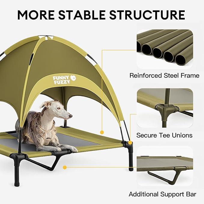 FUNNY FUZZY Elevated Dog Bed with Canopy, Green, Small (24"x18"x7") – Outdoor Pet Cot with UV Protection, Breathable Mesh for Cooling, Indoor & Outdoor Use for Dogs up to 120 lbs,Green
