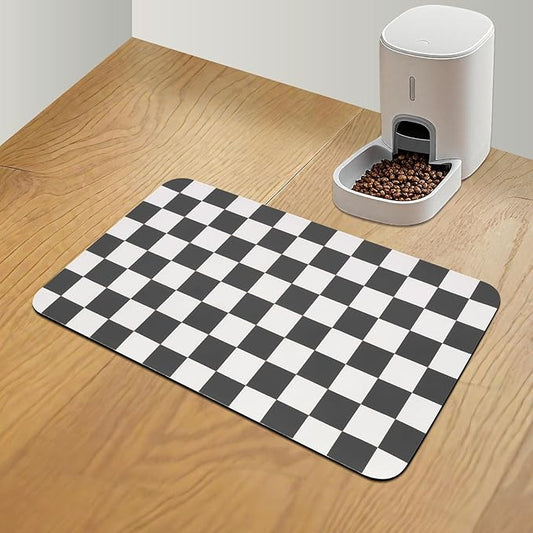 CooRug Checkered Dog Food Mat, Absorbent Leak-Proof Pet Feeding Mat, Quick Dry Cat Food Mat for Messy Drinkers 12" x 20" Black