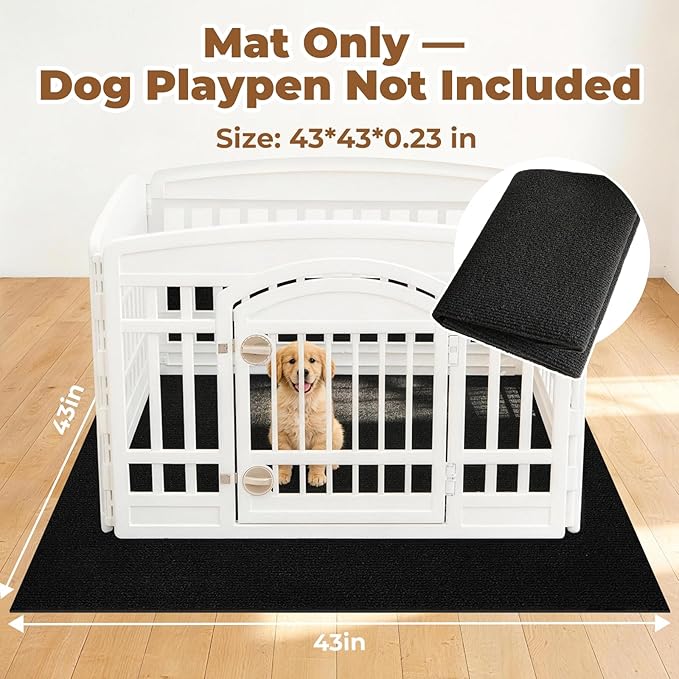 Dog Playpen Mat, 43 in x43 in Dog Crate Mat Large Reusable Puppy Training Pads for Under Crate Cages, Reusable Washable Waterproof Non-Slip Dogs Playpen Mats Pad for Floor Kennel Black