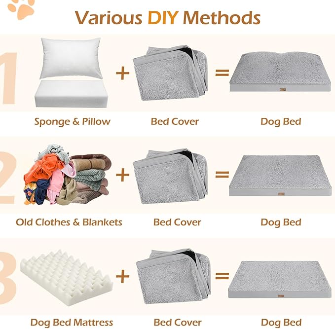 Dog Bed Cover, Washable Replacement Large Dog Bed Sheet with 3-Sided Continuous Zipper, Waterproof Liner, Soft Plush, Pet Mattress Fluffy Protector, 44x32x3 inches - XL, Cover Only Grey
