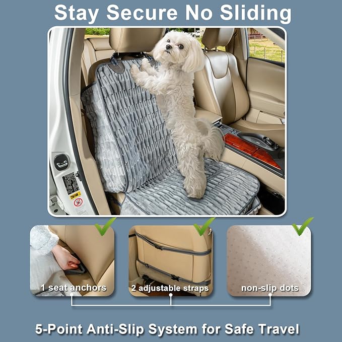 Soft Front Seat Dog Cover, Waterproof Dog Car Seat Protector with Side Flaps, Non-Slip Fluffy Flannel with Full Protection for Pets on Captain Seat in Cars SUVs Trucks (Grey, Standard Front)