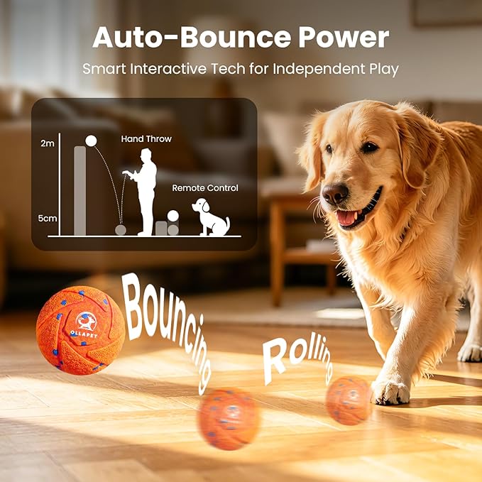 Smart Interactive Dog Ball Toys - Auto Bouncing & Rolling, Chew-Resistant E-TPU Material, 3 Interactive Modes, IPX7 Waterproof, Smart Chase Pet Toy Ball for Medium and Large Dogs - Orange