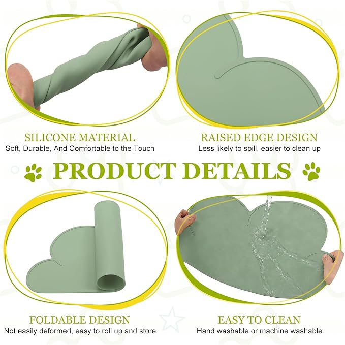 Silicone Pet Feeding Mat, Waterproof Dog Cat Food Bowl Placemat Tray Anti-Slip with Raised Edge Foldable Heat-Resistant (Olive Green, Cloud Shape), Intended for Cat Dog Water Bowl