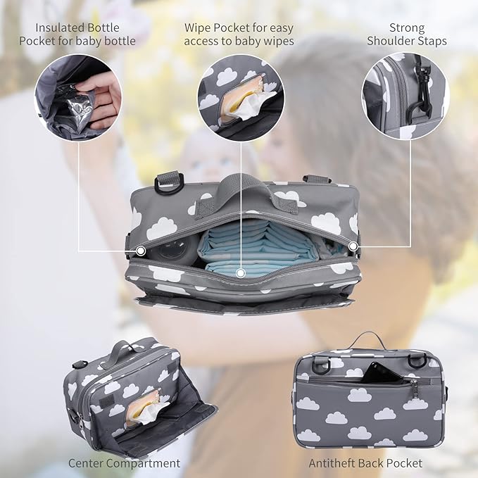 GOGOSO Small Diaper Bag, Stroller Organizer Bags for Baby with Insulated Pocket, Stroller Hooks and Adjustable Strap,Universal Mini Diaper Tote Bags Fit All Strollers, Gray