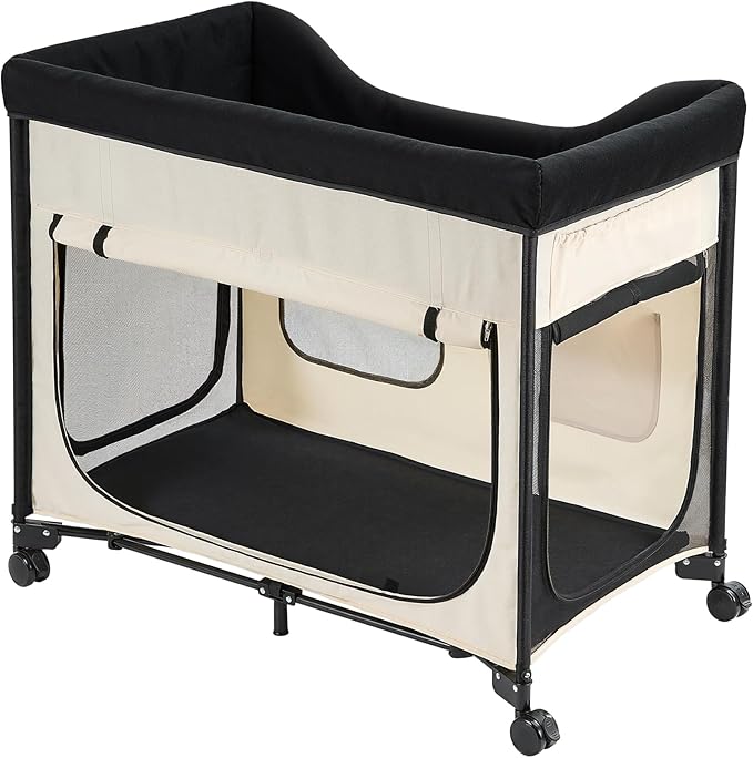VEVOR Bedside Lounge Pet Bed, Foldable Bunk Dog Bed with 600D Oxford Cloth and Dutch Velvet, Portable Raised Cot with Wheels, Side Storage Bags, and Carry Bag for Cats & Dogs, XL, Beige
