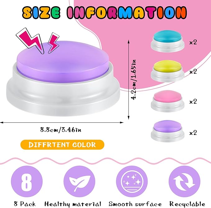 Honoson 8 Pieces Recordable Answer Buzzers Button for Trivia Games Show Buzzers Recording Buttons Gifts for Classroom Team(Classic Color)