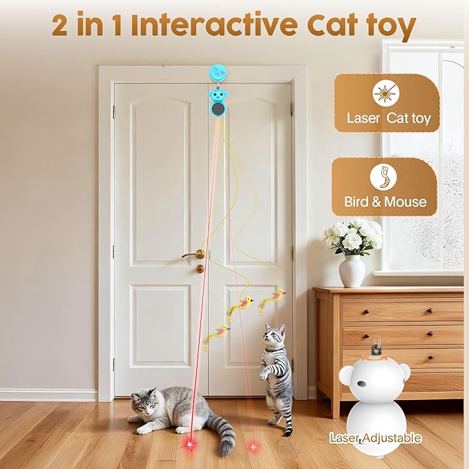 Interactive Cat Toys for Indoor Cats: 2 in 1 Cat Toy with Automatic Flying Bird & Mouse Wand, Smart Motion Mode Adjustable Speed, USB Rechargeable Safe for Bored Kittens and Adult Cats