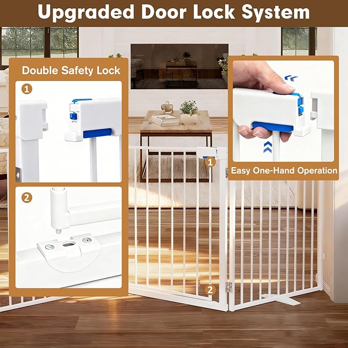 156" Extra Wide Dog Gate, Heavy Duty Metal Freestanding Dog Gate with Door for Indoor & Outdoor, Foldable Pet Fence for Doorways,House,Porch,Deck,Yard,Stairs, Auto Close(6 Panels,White)