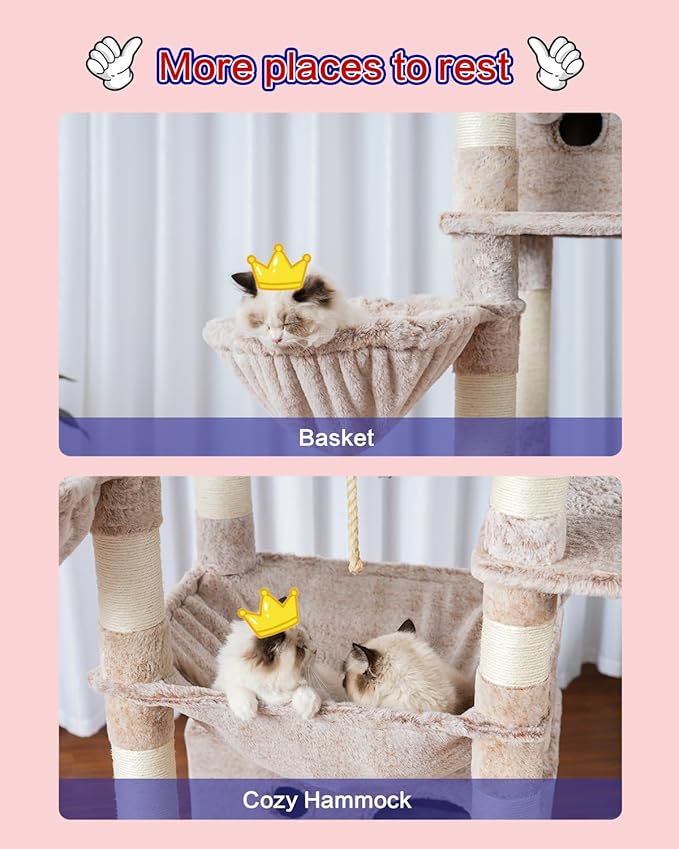 Gitelsnour Cat Tree for Indoor Cats Large Adult, 74" Cat Tower with 3 Big Platforms, 2 Baskets, 2 Condos, Multi-Level Cat Scratching Posts, Muchroom GCT030MU