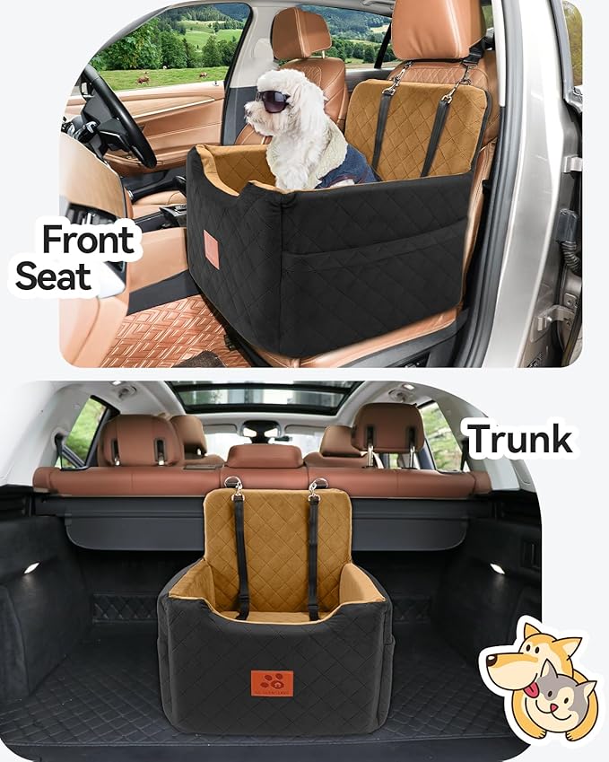 GL GLENSLAVE Dog Car Seat for Small/Medium Dogs Under 35lbs,Memory Foam Dog Booster Seats,Detachable and Washable Traval Pet Car Seat, Dogs Bed with 2 Safety Belts (Black/Coffee)