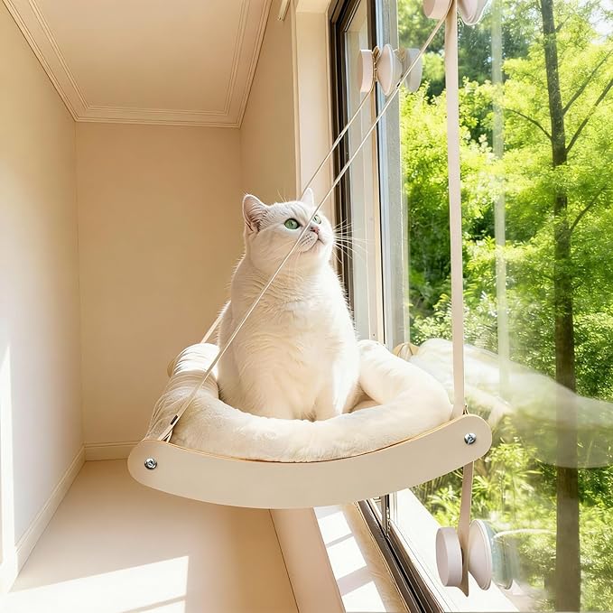 Cat Window Perch, Cat Hammock for Window with 4 Strong Suction Cups - Easy Assembly, Solid Wood Frame with Large Cats Bed - Supports Up to 40lbs for Indoor Cats Beige