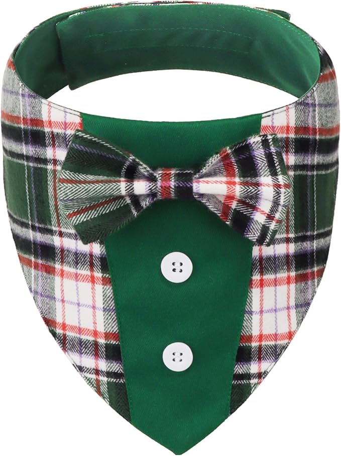 ADOGGYGO Christmas Green Dog Tuxedo Bandana, Plaid Pet Bowtie Collar, Adjustable Green Plaid Christmas Costume for Medium Dogs (M)