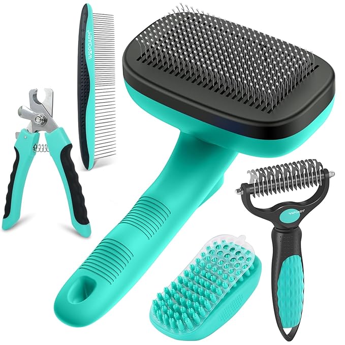 5 PCS Self Cleaning Slicker Brush & Pet Grooming Rake & Bath Brush & Nail Clippers & Pet Comb for Dogs and Cats,Professional Deshedding Dematting Tool for Long and Short Haired Pets