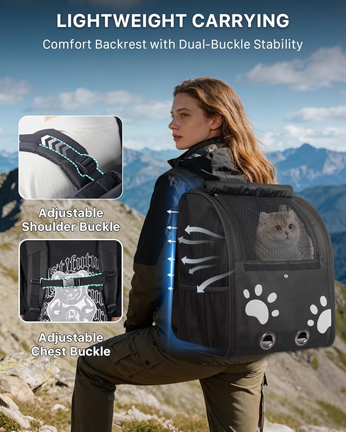 Cat Backpack Carrier with Comfort Handle, Ventilated Cat Backpack with Reflective Strips, with Chest and Shoulder Buckles, Foldable Cat Carrying Backpack for Kitty Small Dog up to 15lbs(Black).