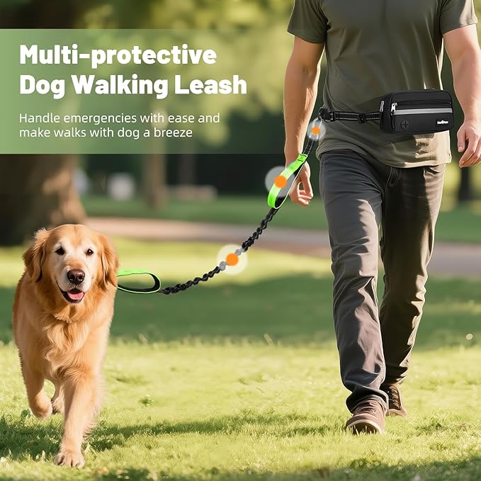 VavoPaw Hands Free Dog Leash with Pouch, Waist Leash for Dog Walking, Jogging, Hiking, Retractable Leashes with Dual Padded Handles, Adjustable Reflective Belt for Small Medium Large Dogs, Black Green