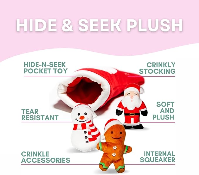 Glow Pups Christmas Stocking Hide and Seek Dog Toy, Interactive Plush Santa, Snowman, Gingerbread Man, Crinkle and Squeak, Holiday Burrow Toy for Small Medium Dogs, Red Plush Christmas Snowflake