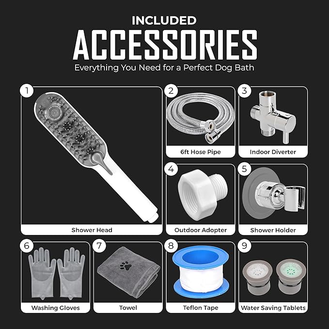 Dog Shower Attachment with 4 Spray Modes, 6.5ft Stainless Steel Hose & Metal Diverter – Easy-Install Kit with Grooming Gloves and Absorbent Microfiber Pet Towel – Indoor/Outdoor Use