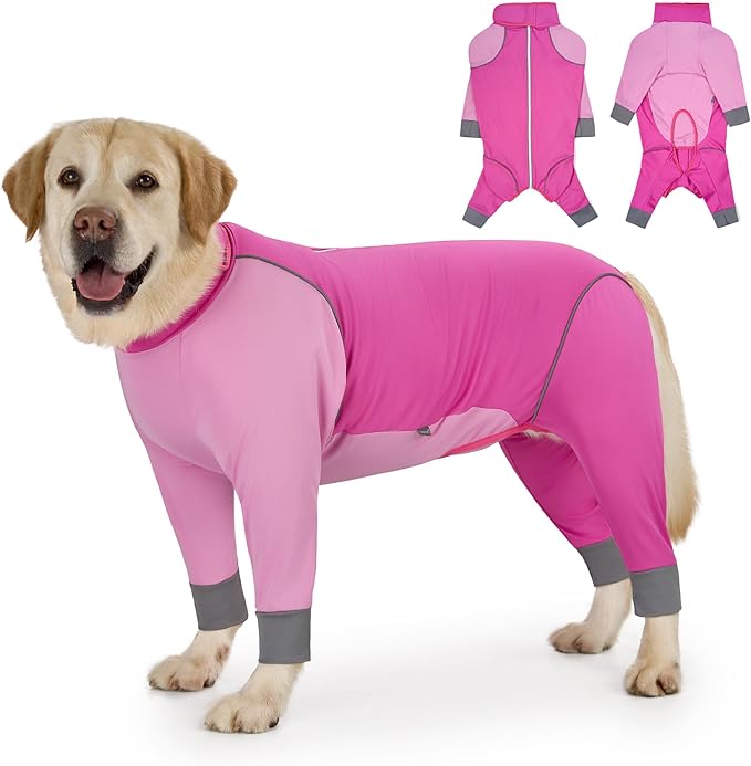 Dog Onesie Coat - Water-Repellent & Stretchable, Dirt-Resistant Outdoor Puppy Suit with Reflective Strips | Controls Shedding | for Small, Medium, Large Dogs (Fuchsia Pink, 3XL(Weight 33-50 lbs))