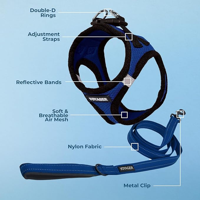 Best Pet Supplies Voyager Step-in Air All Weather Mesh Harness and Reflective Dog 5ft Leash Combo with Neoprene Handle, for Small, Medium and Large Breed Puppies - Set (Royal Blue/Black Trim), Small