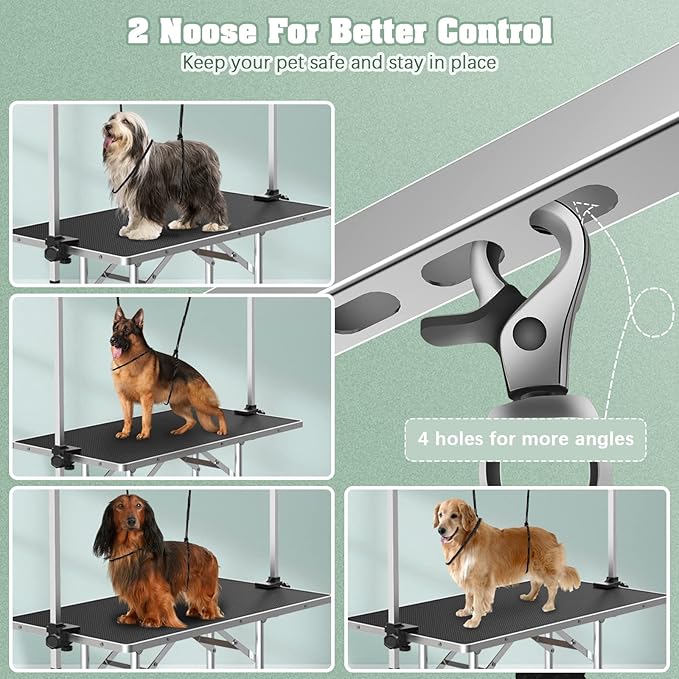 Dog Grooming Table, Adjustable Large Pet Drying Desktop, Foldable Bathing Desk with Arms, Noose, Mesh Tray, Maximum Capacity Up to 330Lb, 46in, Dark Black