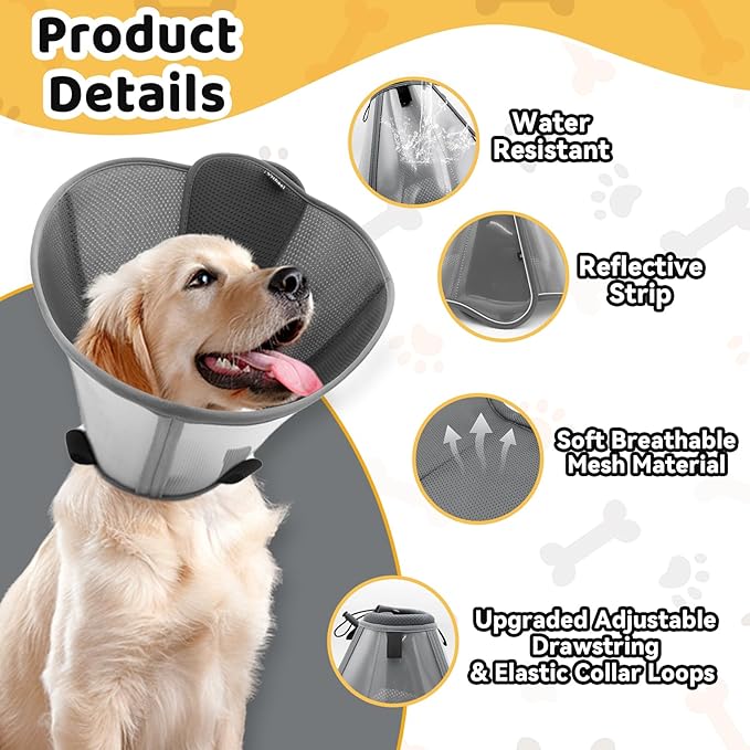 Upgraded Dog Cone Collar for Large Medium Dogs, Soft Dog Cone with Double-Layer Design, Adjustable Pet Recovery Collar for Dogs After Surgery, Elizabethan Collar (M, Grey)