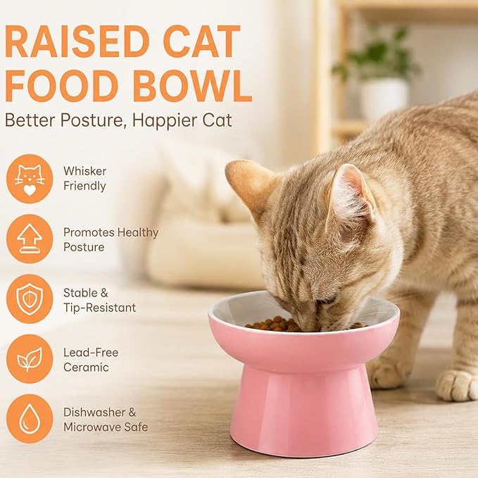 Raised Cat Food Bowl – Ceramic Elevated Cat Bowl for Whisker & Neck Fatigue,Non-Slip & Anti Vomiting Pet Feeder for Kittens to Adult Cats and Small Dogs,Dishwasher Safe(Pink)