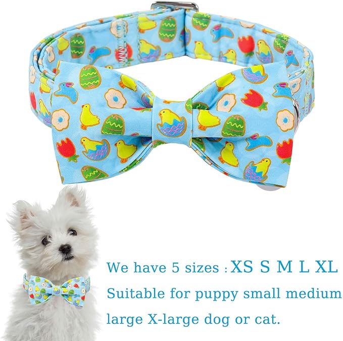 Easter Dog Collar with Bow Tie, Cotton Bunny Bowtie for Large Girl Boy Dog, Cute Rabbit Pet Collar with Metal Buckle, Gift, S