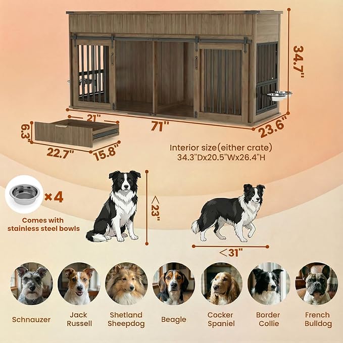 71'' Dog Crate Furniture for 2 Dogs, Wooden Double Dog Kennel with Removable Divider & 360° Rotating Feeder, 3 Fluted Drawers, Charging Station, TV Stand or Side Table (Walnut)