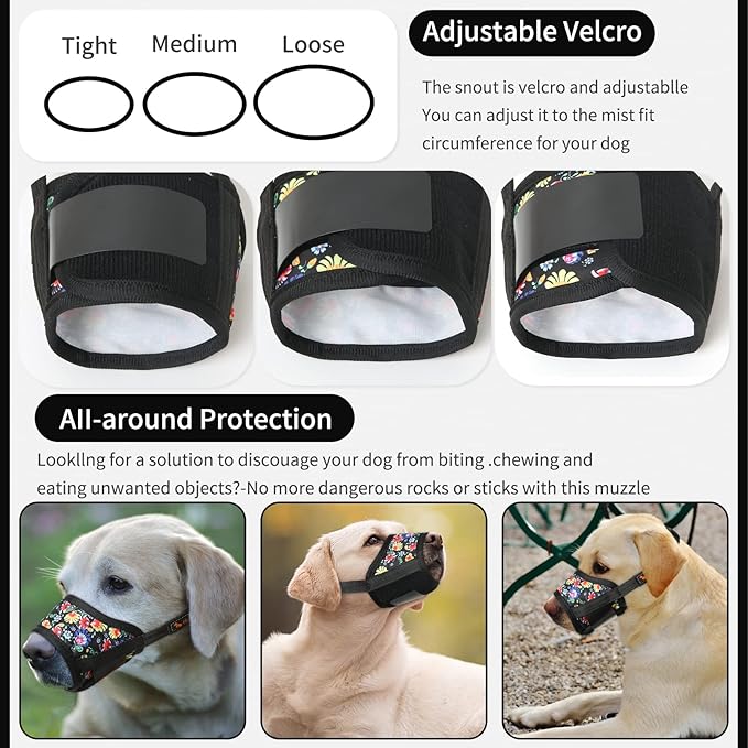 HEELE Dog Muzzle,Soft Nylon Muzzle Anti Biting Barking Chewing,Air Mesh Breathable Drinkable Adjustable Loop Pets Muzzle for Small Medium Large Dogs 4 Colors 4 Sizes (P-Black Sunflower, M)