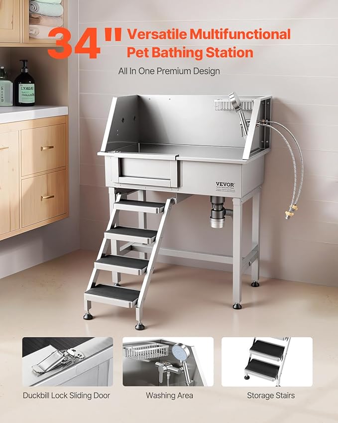 VEVOR 34" Dog Washing Station Professional Stainless Steel Pet Grooming Tub Bathtub Dog Wash Sink with Shower Faucet Soap Holder Non-Slip Stairs Easy-Clean for Small Dogs Cats Left Door