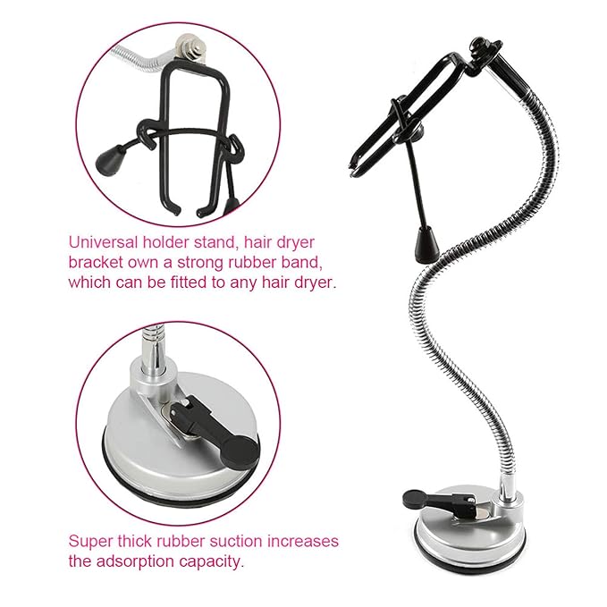 Adjustable Hair Dryer Holder Stand, 360 Degree Freely Rotation Hair Dryer Wall Universal Holder, Hands Hair Blower Stand with Suction Cup
