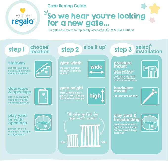 Regalo Safety 29-56" Extra Wide Baby Gate for Doorways & Bottom of Stairs, Pressure Mounted Baby Gate with Door for Babies, Toddlers & Pets, Tested & Safe for 30 Years, American Designed and Owned