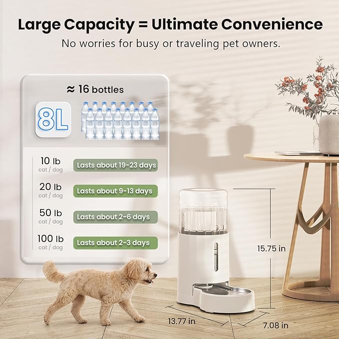 CZPET Automatic 7L Dog and Cat Water Dispenser with Stainless Steel Bowl Gravity Waterer,100% BPA-Free,Large Capacity and Drinking Area Noise-Free for Pets