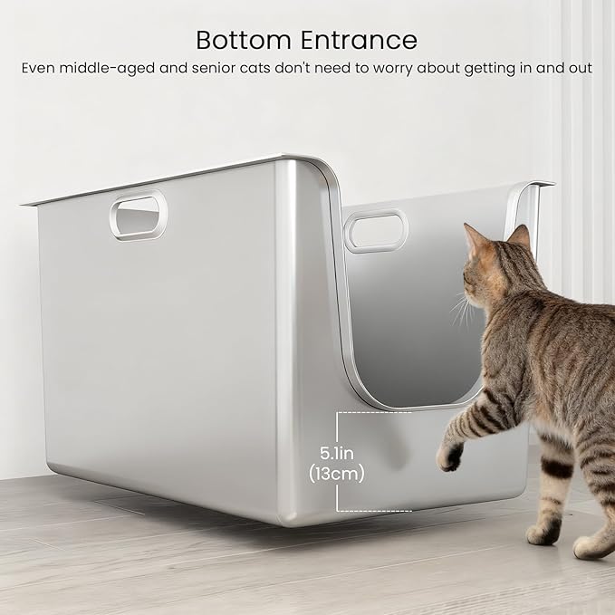 Stainless Steel Litter Box 13.7'' High Sides, XL Metal Cat Litter Box with Curved Low Entry, Cat Litter Pan for Big & Multiple Cats, Pet Toilet with Handy Wheels for Easy Moving