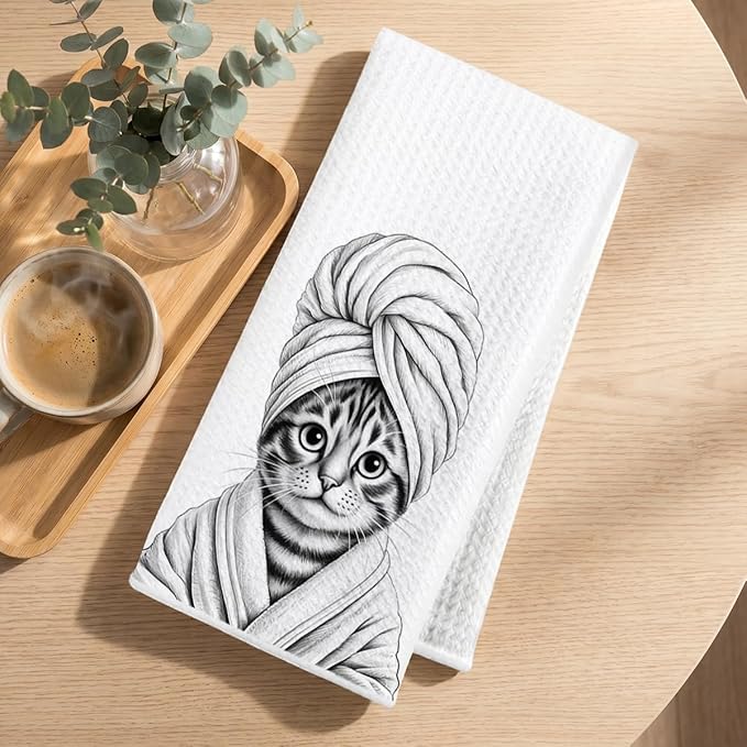 Hanamiya Na 2 Pcs Cute Cat Gifts Hand Towels 24x14 Inch, Funny Cats Gift Reusable Dish Towels for Kitchen Decor, Waffle Weave Absorbent Hand Cloth Tea Towel, Cat Lover Gifts for Women Mom Friend