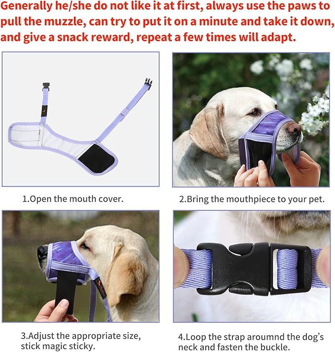 HEELE Dog Muzzle,Soft Nylon Muzzle Anti Biting Barking Chewing,Air Mesh Breathable Drinkable Adjustable Loop Pets Muzzle for Small Medium Large Dogs 4 Colors 4 Sizes (P-Meteor Purple, S)