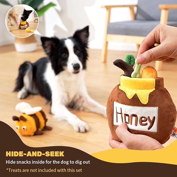 Hide and Seek Plush Stuffed Dog Toys, Squeaky Chew Toys with Crinkle Papper, Funny Toy Bundle Pack Perfect for Small, Medium and Large Dogs Reduce Boredom, Teeth Cleaning (Honey Jar)