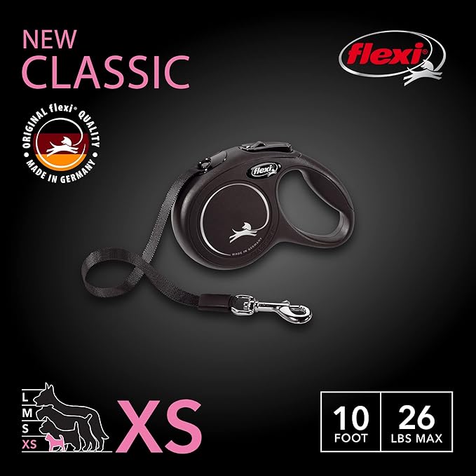 FLEXI New Classic X-Small Tape Retractable Dog Leash for Small Dogs Upto 26 lbs. – 10 ft., Black | Tangle Free Pet Walking Leash with One-Handed Brake, Pause, Lock|German Quality Product