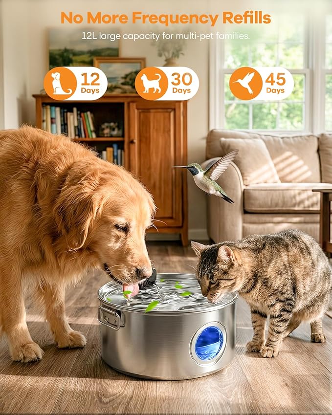 3.4Gal Wireless Automatic Dog Water Fountain for Large Dogs，12L Stainless Steel 3 Modes Dog Fountain Water Bowl Dispenser, Multi Large Pet Water Fountain Ultra Quiet & Multi-Filteration