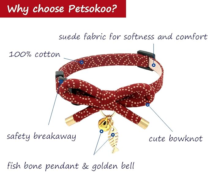 Cute Bowtie Cat Collar with Bell. Japanese Stylish Bowknot & Fish Charm. Safety Breakaway, Soft, Lightweight, for Girl Boy Male Female Cats Kitten,Red