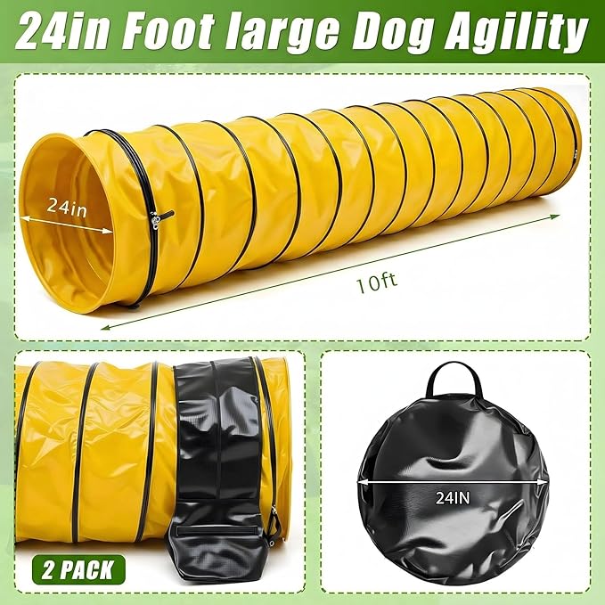 Briwooody 24 in 10 Foot PVC Dog Agility Tunnel with Sandbags Dogs Agility Training Equipment Tunnel with 2 Pack Sandbags, Carry Bag and 4 Ground Spikes for All Medium Large Dogs(Yellow)