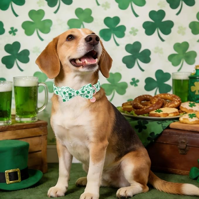 St. Patrick's Day Dog Collar with Bow Tie, Spring Shamrock Bowtie Collar for Girl Boy Dog, Lucky Clover Dog Collar with Metal Buckle, Green Collar for Dogs, XS
