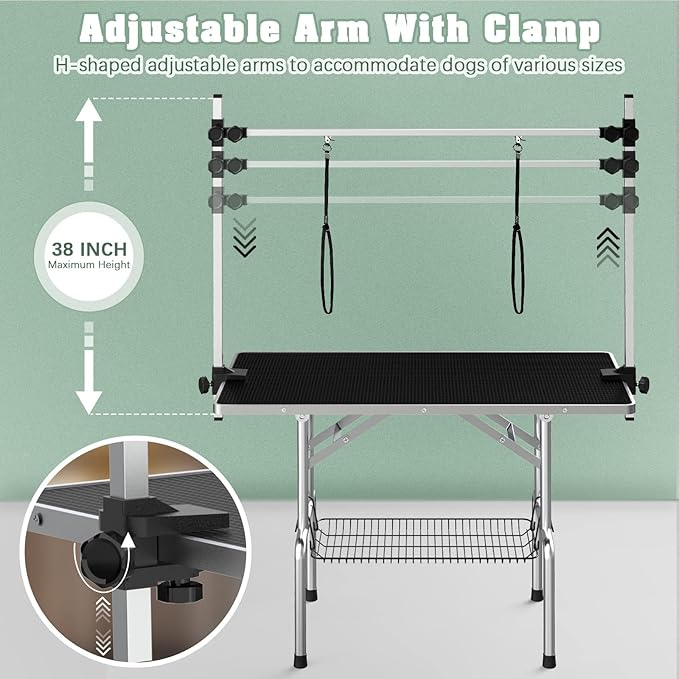 Dog Grooming Table, Adjustable Large Pet Drying Desktop, Foldable Bathing Desk with Arms, Noose, Mesh Tray, Maximum Capacity Up to 330Lb, 42in, Black