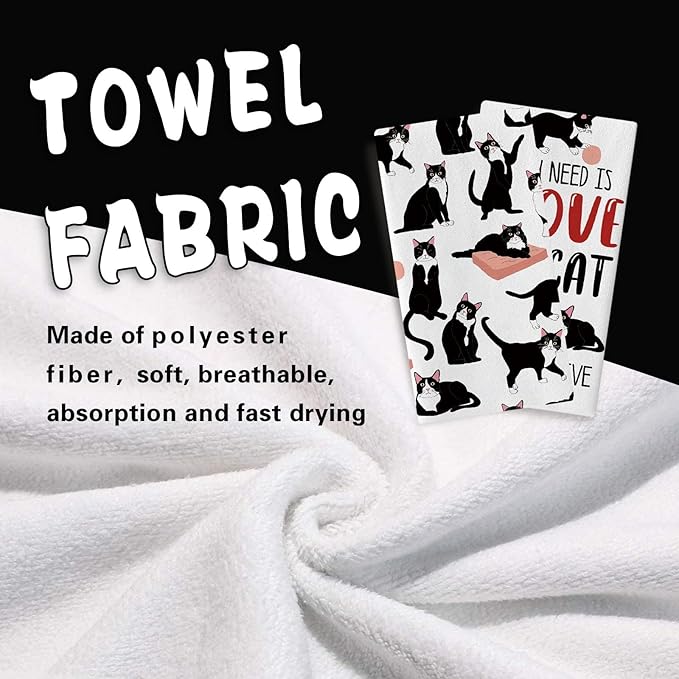 Funny Tuxedo Cat Kitchen Dish Towels Set of 2, All You Need is Love A Cat Drying Hand Towel Baking Cooking Cloth, Pet Owner Lover Gift Bathroom Home Decoration 18'' x 26''