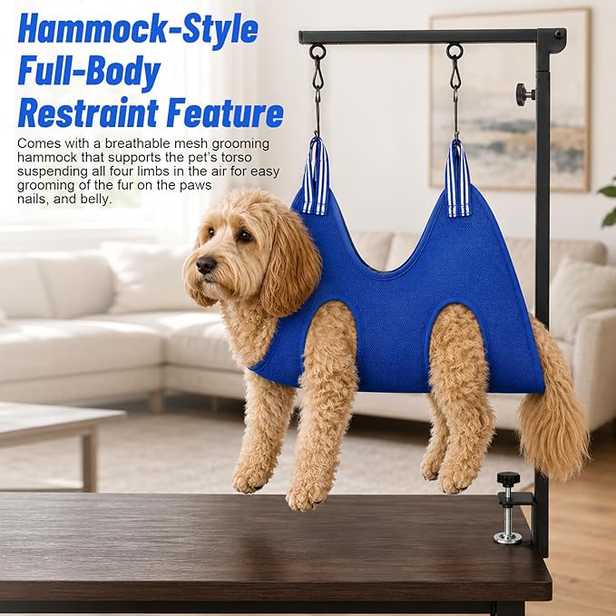Foldable Dog Grooming Arm with Clamp, Adjustable Height 29"-41" for Small & Medium Dogs, Grooming Table Arm with Hammock and No-Sit Haunch Holders, Portable Home Salon Grooming Support
