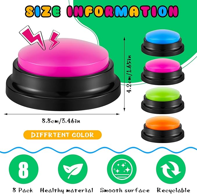 Honoson 8 Pieces Recordable Answer Buzzers Button for Trivia Games Show Buzzers Recording Buttons Gifts for Classroom Team(Fresh Color)